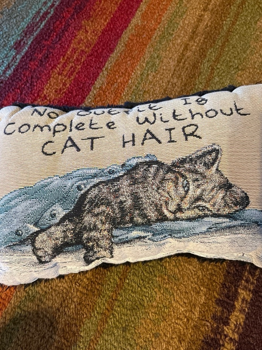 Playful Cat Hair Accent Pillow - Beige with Blue Cat Illustration